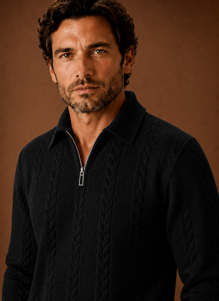 Close-up of the zipper and fabric at the neckline of the men's zip sweater