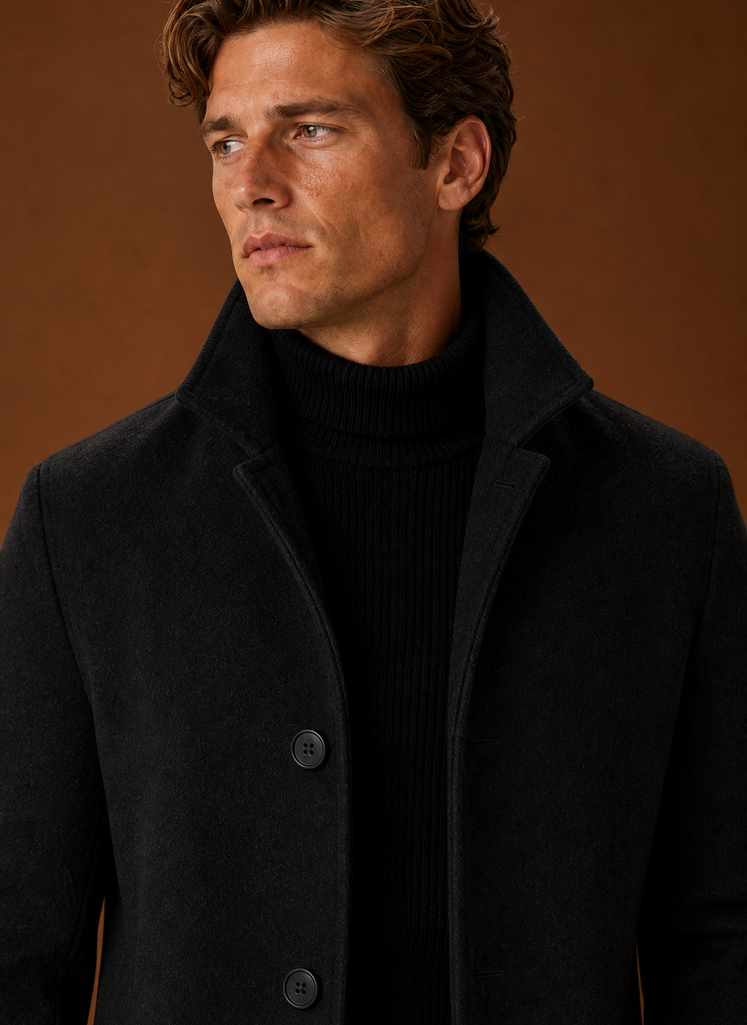 Men's Wool Blend Coat - Classic Button Up Winter Overcoat closeup view