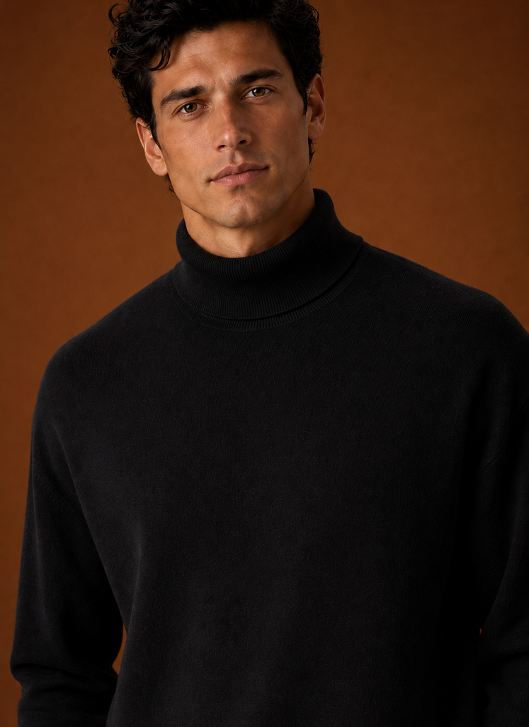 Men's Turtleneck Sweater - Classic Roll Neck Knit Pullover closeup view