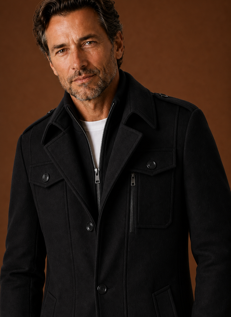 Close-up of coat showing button-front detail and fabric texture