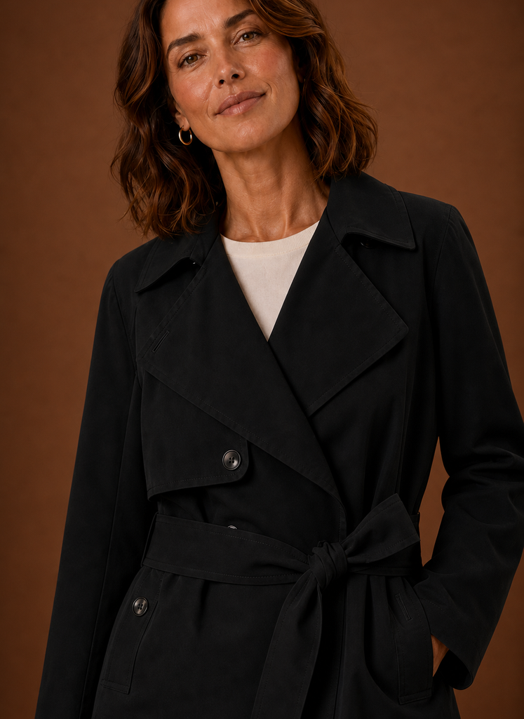 Close-up of the belt and waist area on women's belted trench jacket