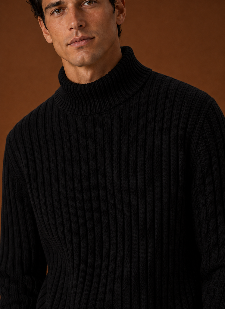 Men's Turtleneck Sweater - Ribbed Roll Neck Knit Pullover closeup view