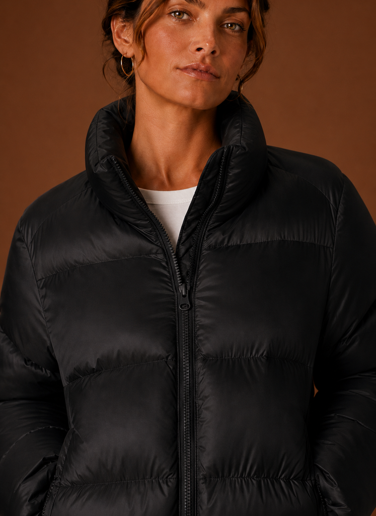 Close-up of quilting and stitching detail on Areleon women's puffer jacket in chocolate brown
