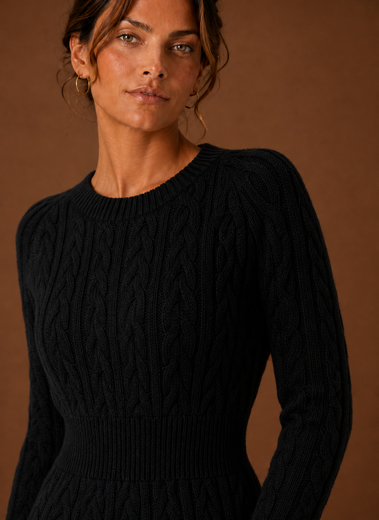 Close-up of cable knit texture and stitch detail on the sweater dress