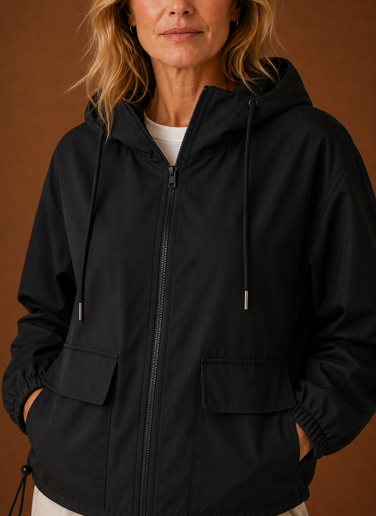 Close-up of hood and neckline details on the windbreaker jacket