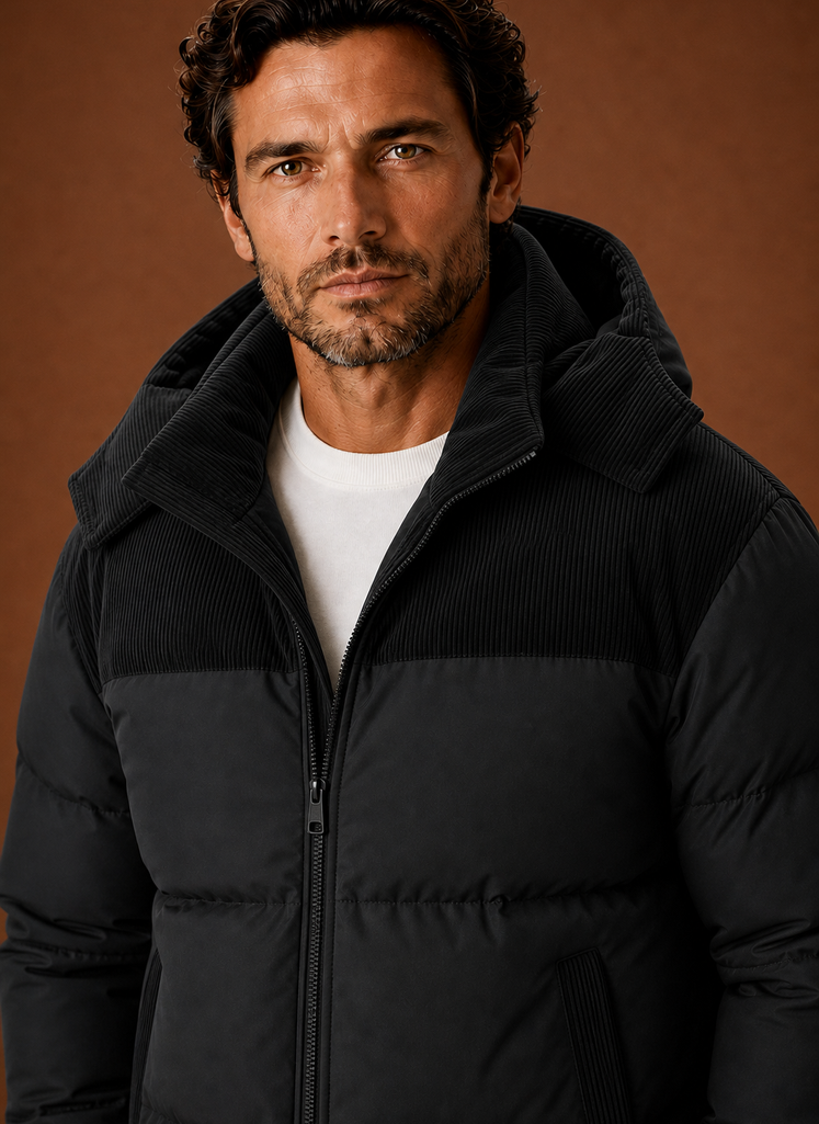 Close-up of corduroy trim and quilted stitching on the men's puffer jacket