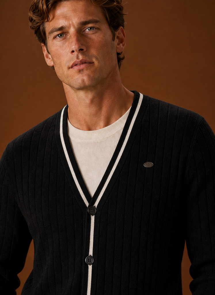 Men's V Neck Cardigan - Ribbed Knit Button Up Sweater closeup view
