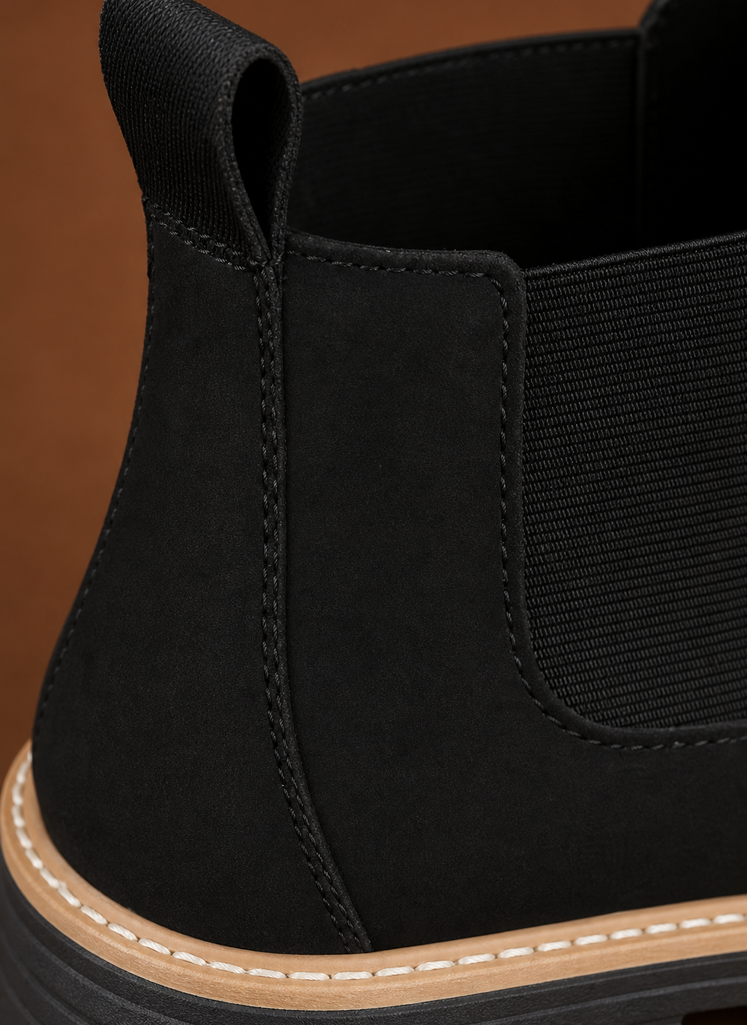 Close-up of chunky lug sole and stitching detail on women's Chelsea boot