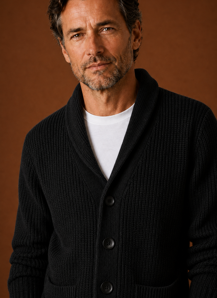 Close-up of the shawl collar and neckline detail