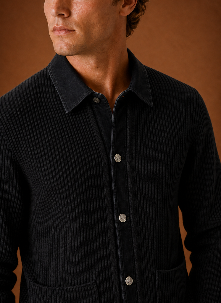 Close-up of button placket and knit construction on men's cardigan