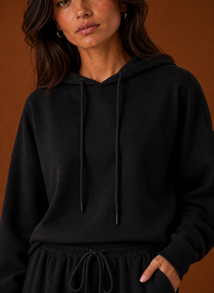Close-up of the sweatsuit fabric and stitch detailing on the sweatshirt and pant waistband area