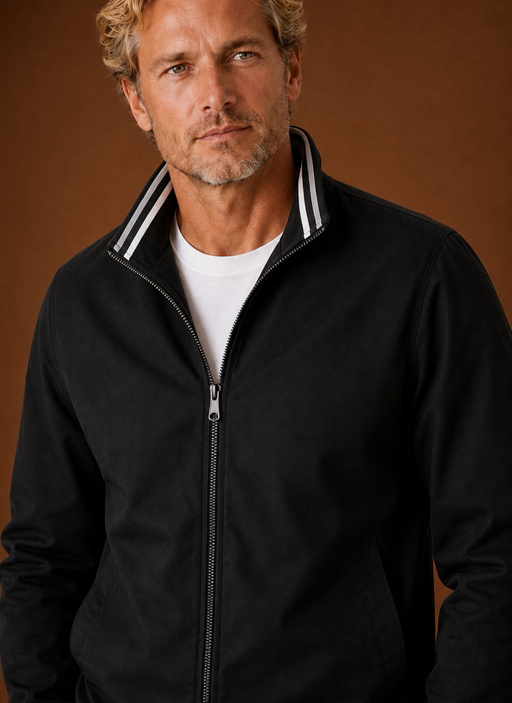 Close-up of zip and collar detail on men's bomber jacket