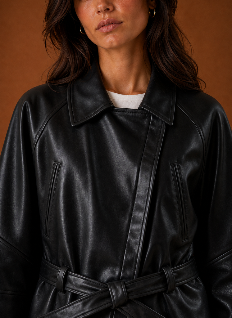 Close-up of jacket hardware and seam detailing at the collar