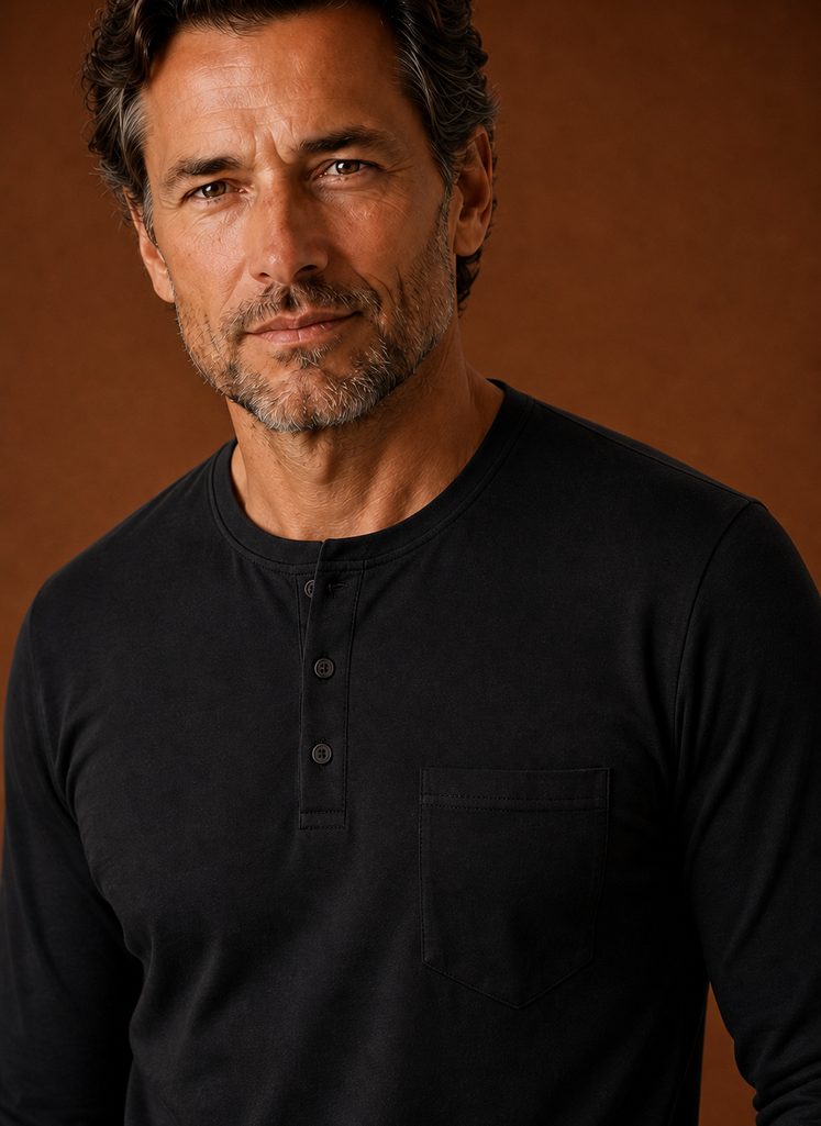 Close-up of Henley neckline and chest pocket detailing