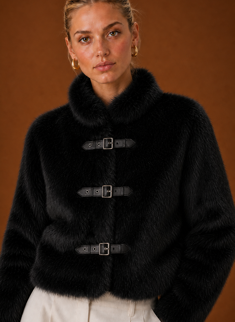 Close-up of Areleon women's faux fur jacket texture and neckline