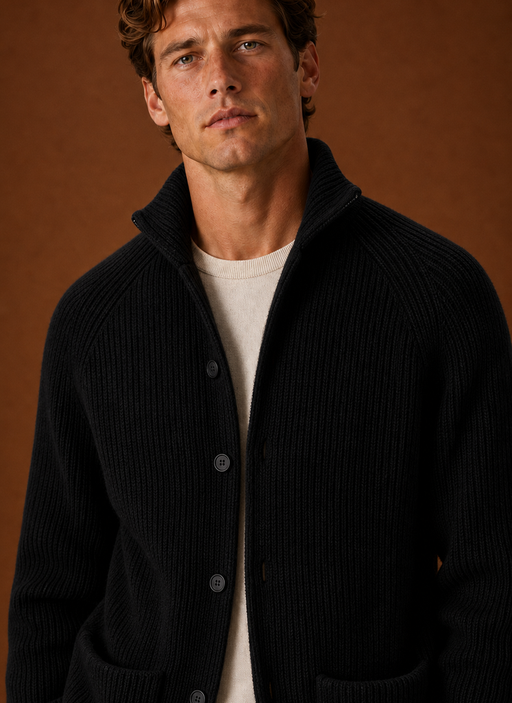 Close-up of the ribbed knit texture on the men's cardigan