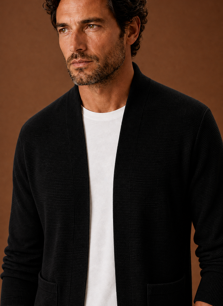 Close-up of the open-front cardigan's stitch detail and neckline