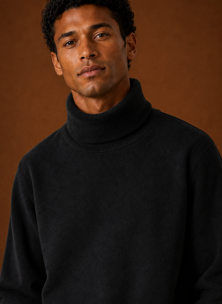 Men's Turtleneck Sweater - Fleece Lined Roll Neck Pullover closeup view