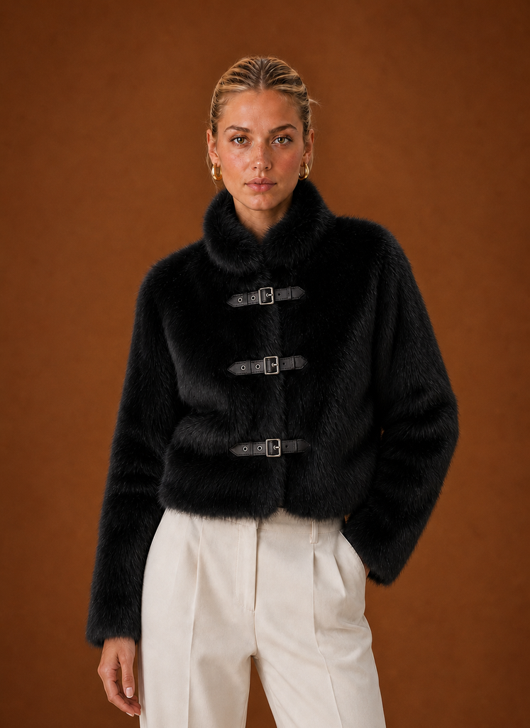 Front view of Areleon women's faux fur jacket on mannequin showing clean silhouette