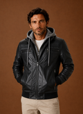 Front view of the men's moto jacket showing a streamlined silhouette and clean neckline