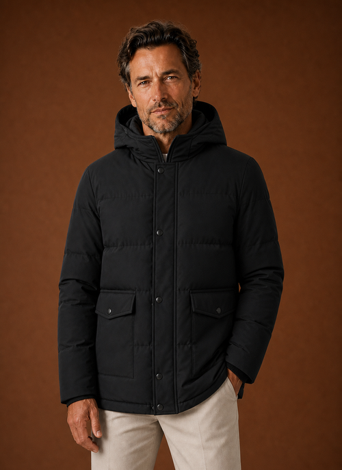 Front view of men's black hooded jacket showing streamlined silhouette and hood