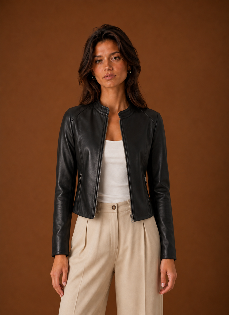 Women's Leather Jacket - Slim Fit Stand Collar Moto Jacket front view