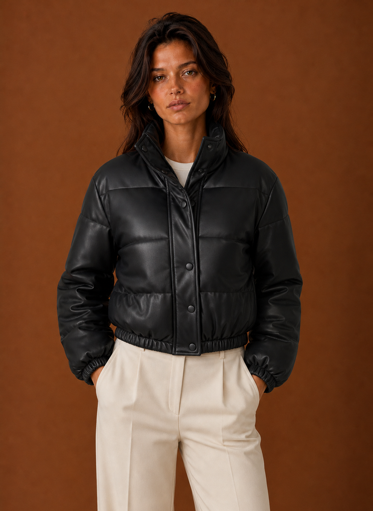 Front view of a women's bomber jacket on a mannequin showing the zip-front silhouette