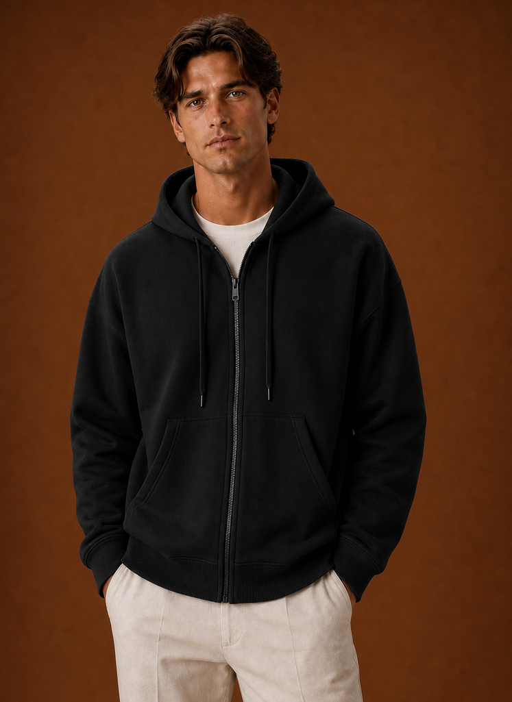 Front view of men's zip-up hoodie on a mannequin showing zip-front and hood
