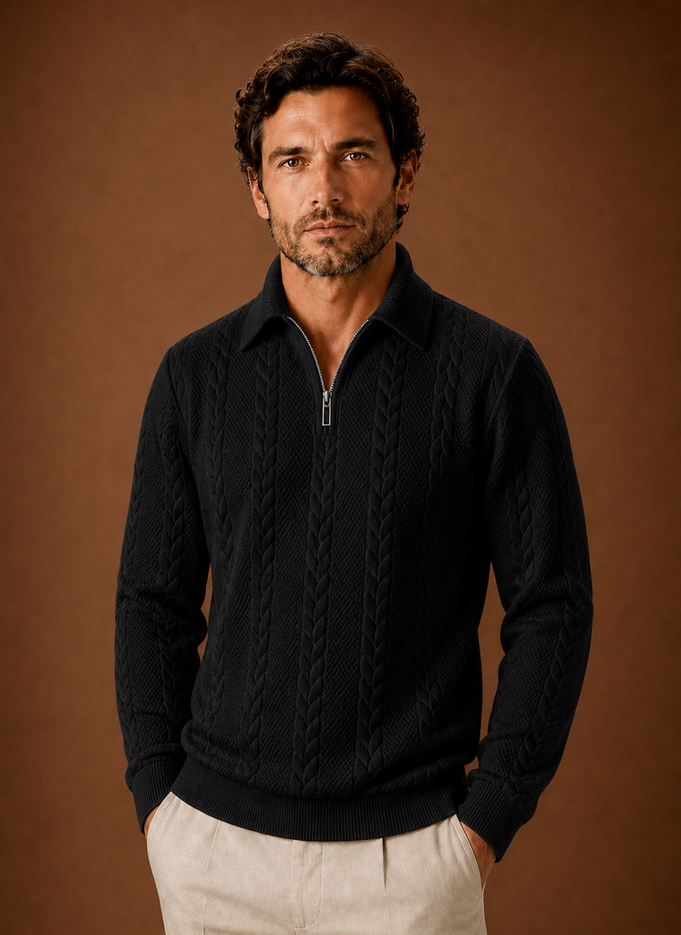 Front view of Areleon men's zip sweater showing front zipper and full-length sleeves