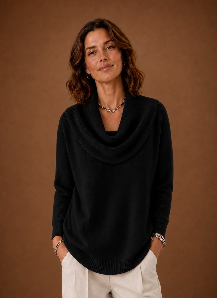 Front view of Areleon women's cowl neck knit sweater on a mannequin