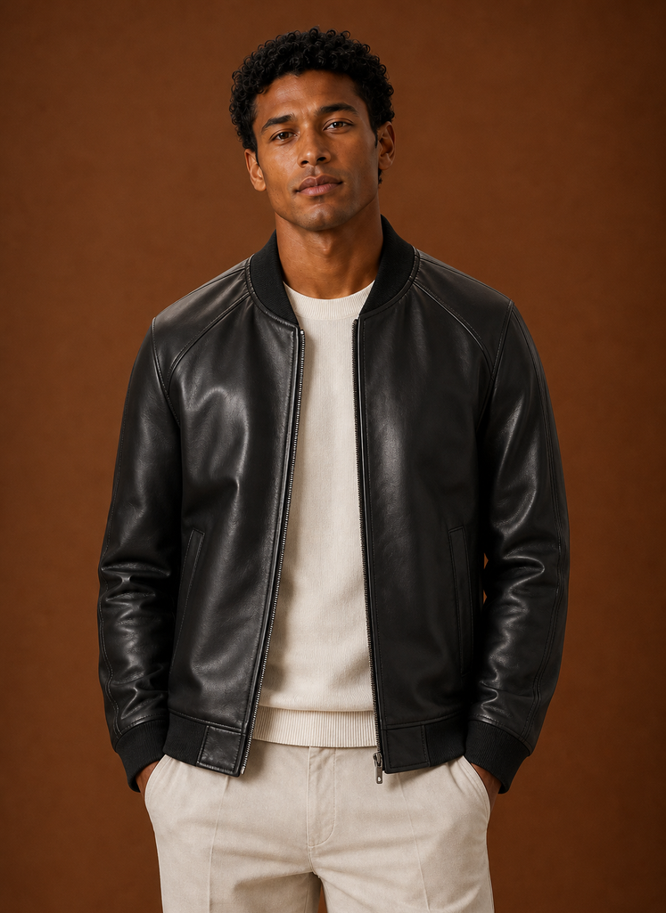 Front view of men's bomber jacket on mannequin showing zip-front and stand collar