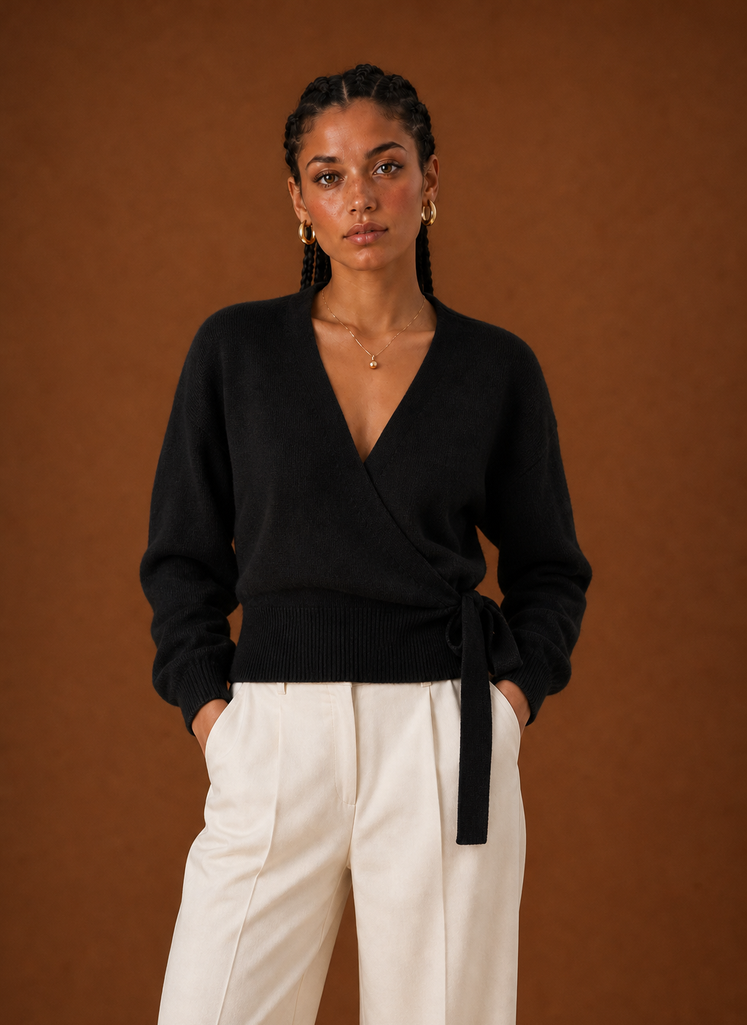 Front view of a women's cropped wrap sweater showing V-neck and tied waist