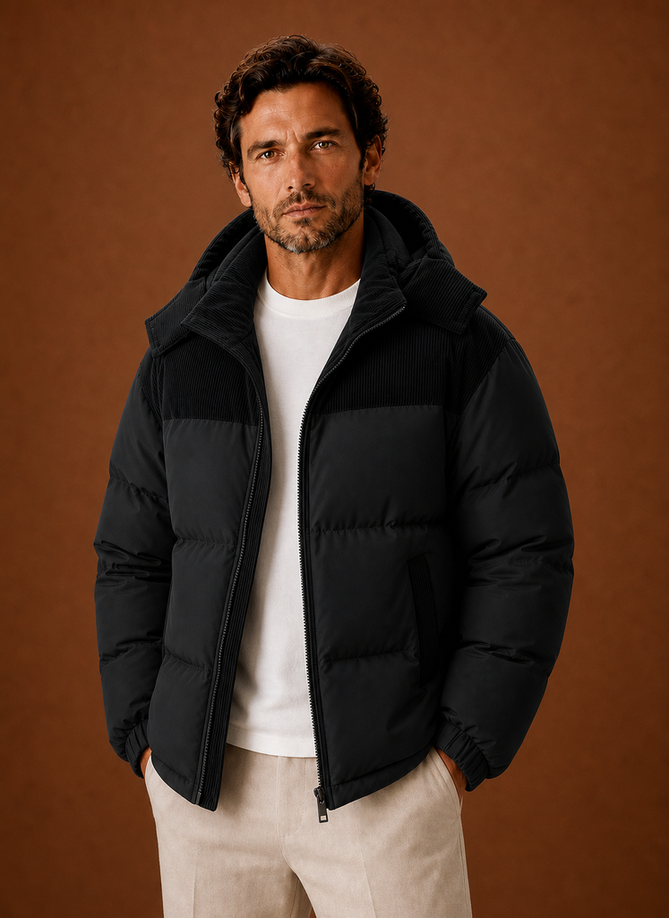 Front view of men's corduroy-trim quilted puffer jacket on a mannequin