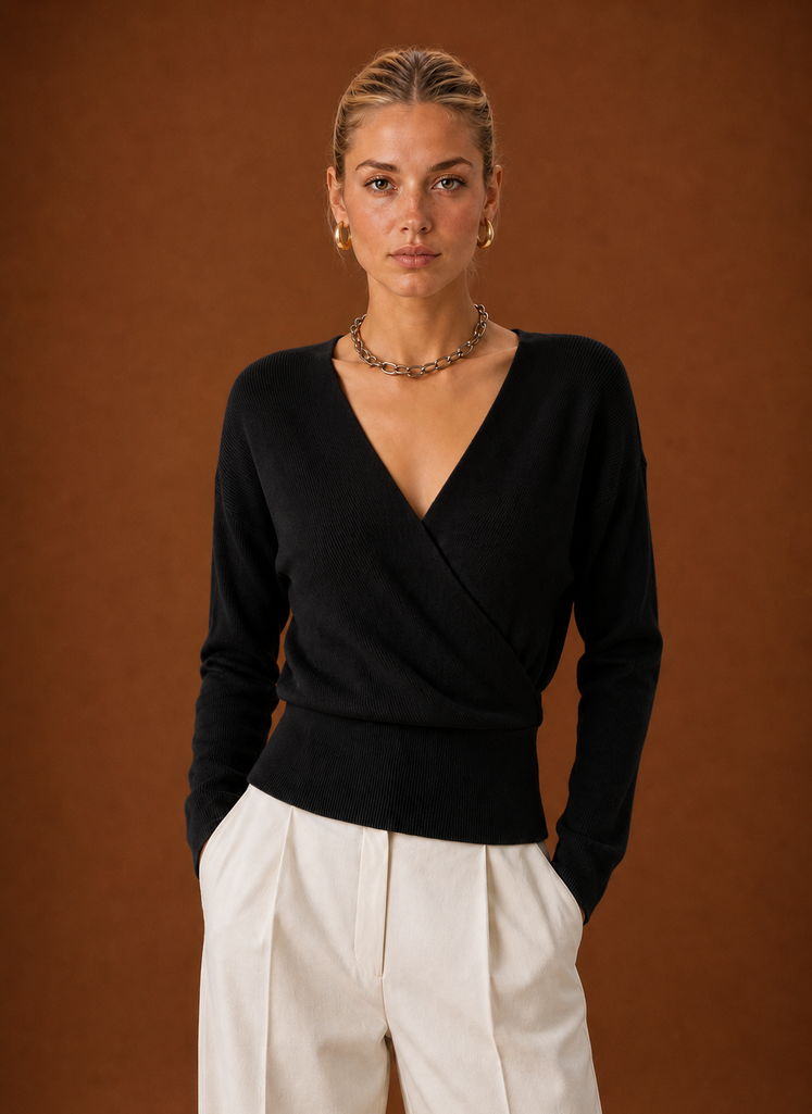 Front view of women's cropped wrap sweater with V-neck and tied waist