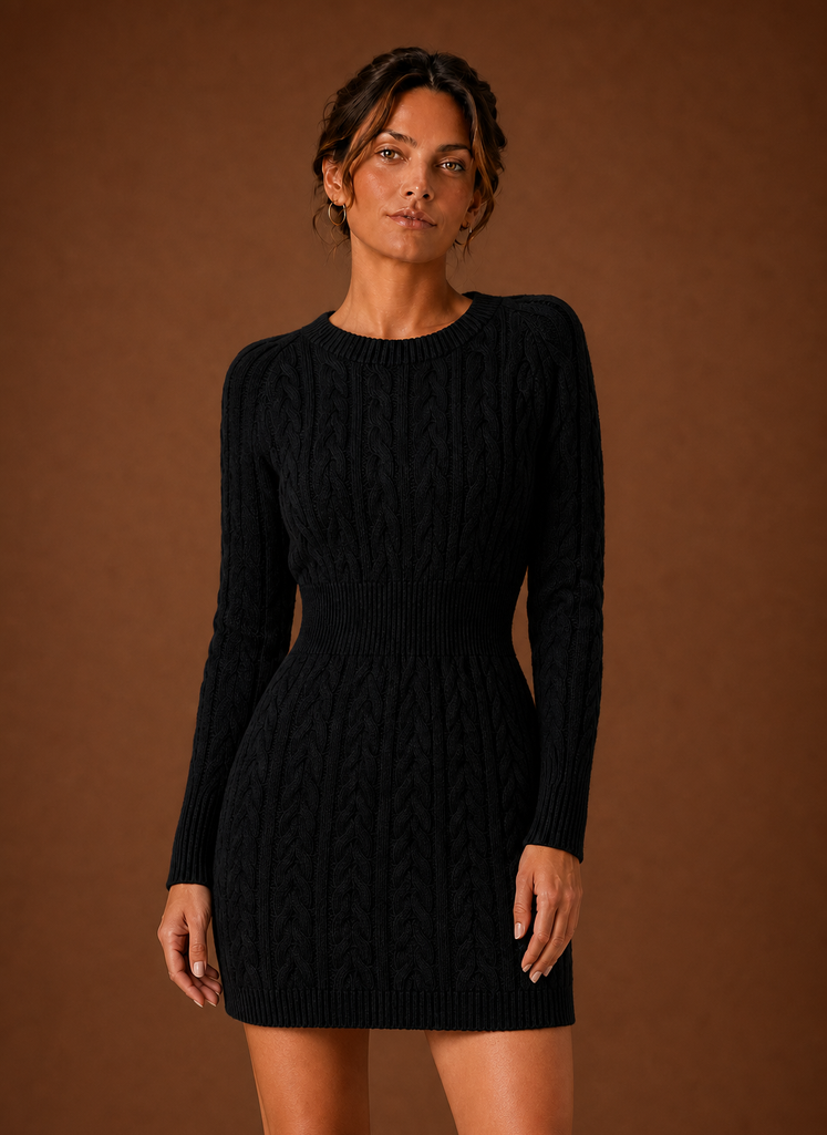 Front view of women's cable knit long-sleeve mini sweater dress on plain background