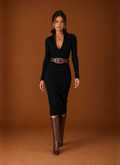 Front view of women's knee-length sweater dress on a mannequin