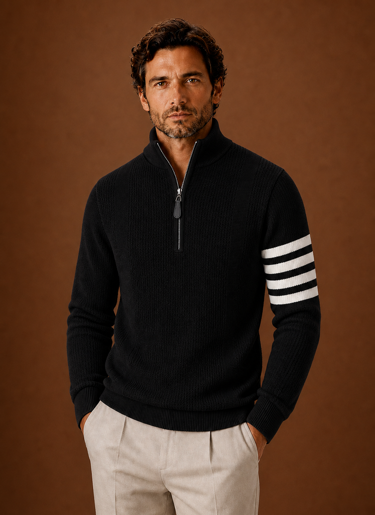 Front view of the men's striped half-zip knit sweater showing the zip neckline and stripe pattern