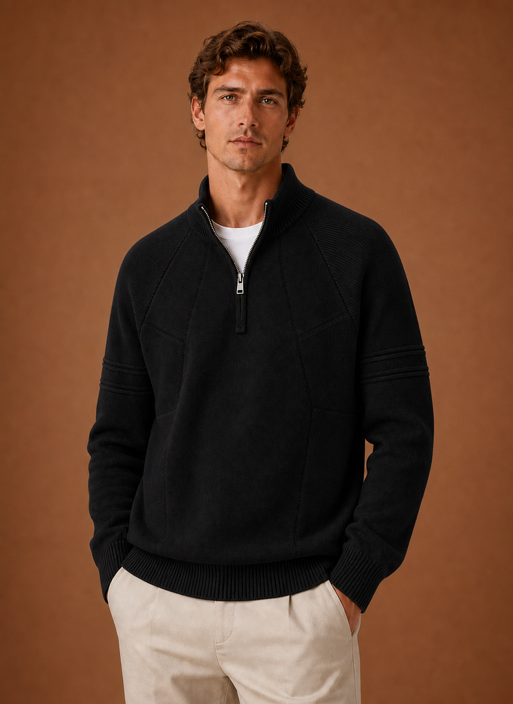 Front view of men's half-zip knit sweater on a neutral background
