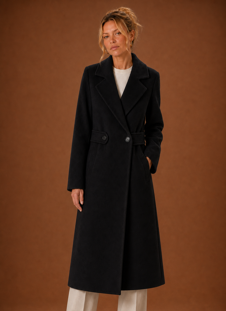 Front view of the Areleon men's mid-long trench coat on a mannequin
