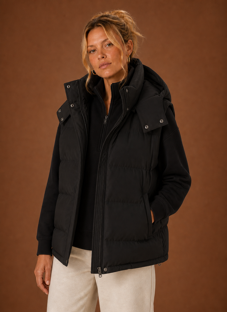 Front view of Areleon oversized hooded puffer vest on a mannequin