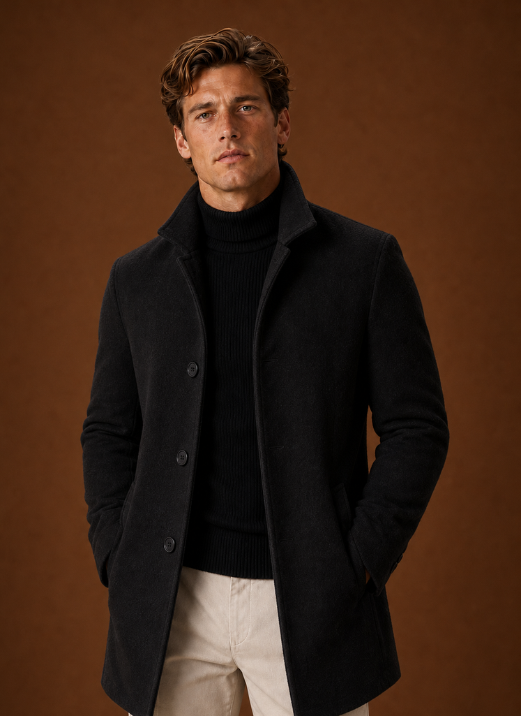 Men's Wool Blend Coat - Classic Button Up Winter Overcoat front view
