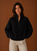Front view of a women's quarter-zip sweater showing the zip neckline and clean silhouette