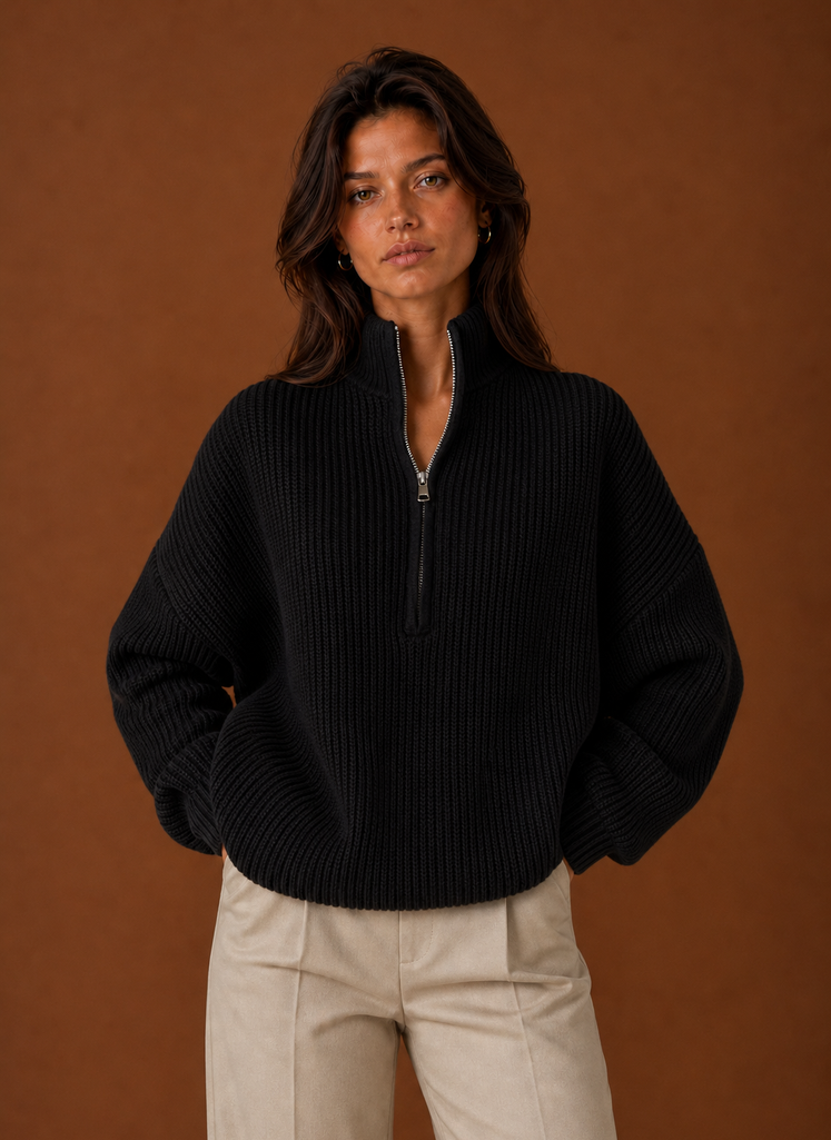 Front view of a women's quarter-zip sweater showing the zip neckline and clean silhouette