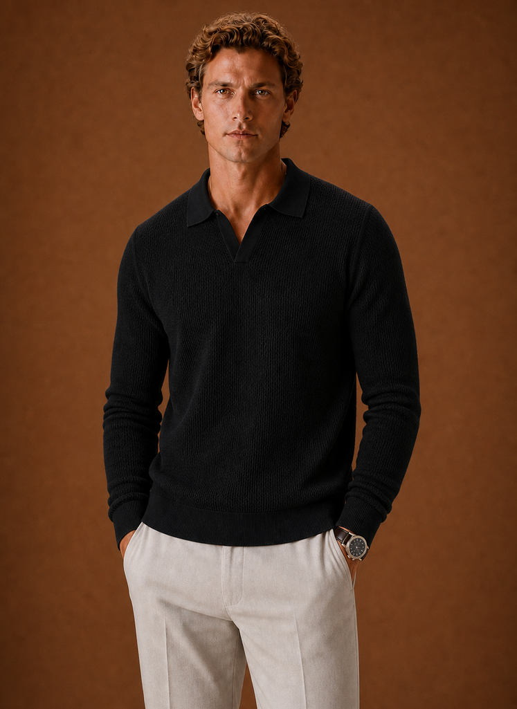 Front view of Areleon men's textured knit polo sweater showing polo collar and button placket