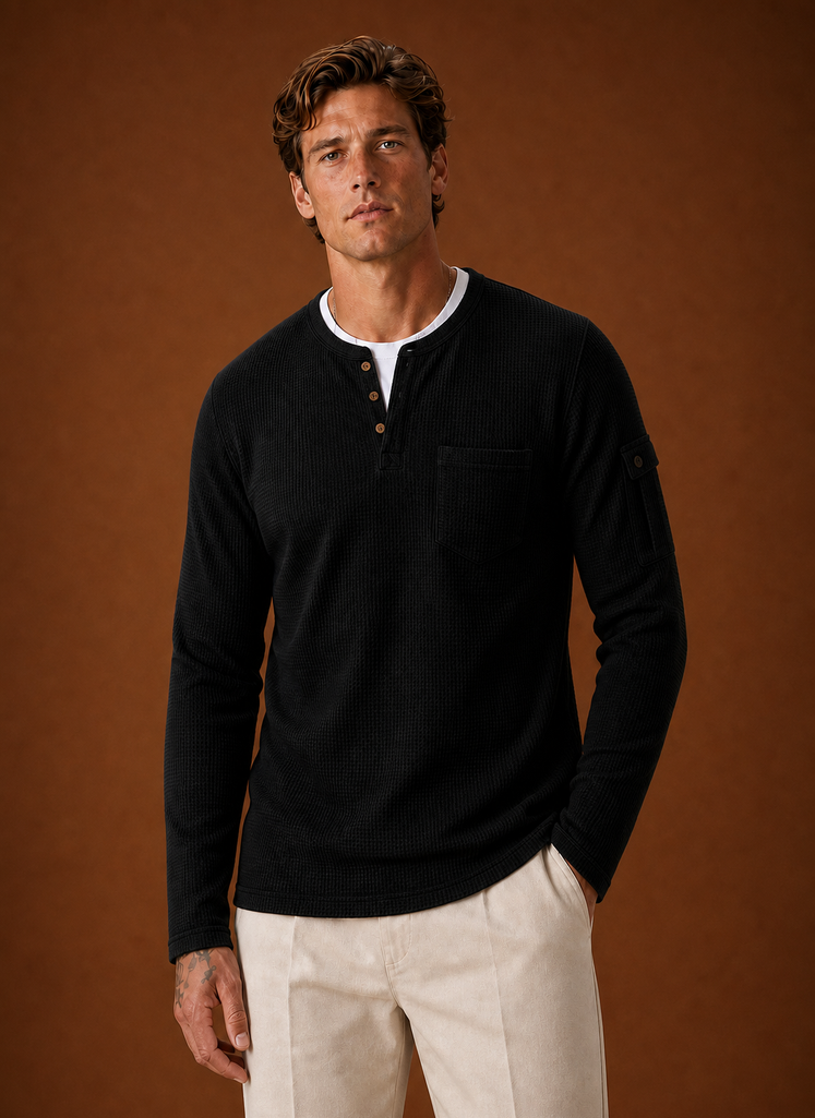 Front view of the men's Henley shirt showing the button placket and crew neckline