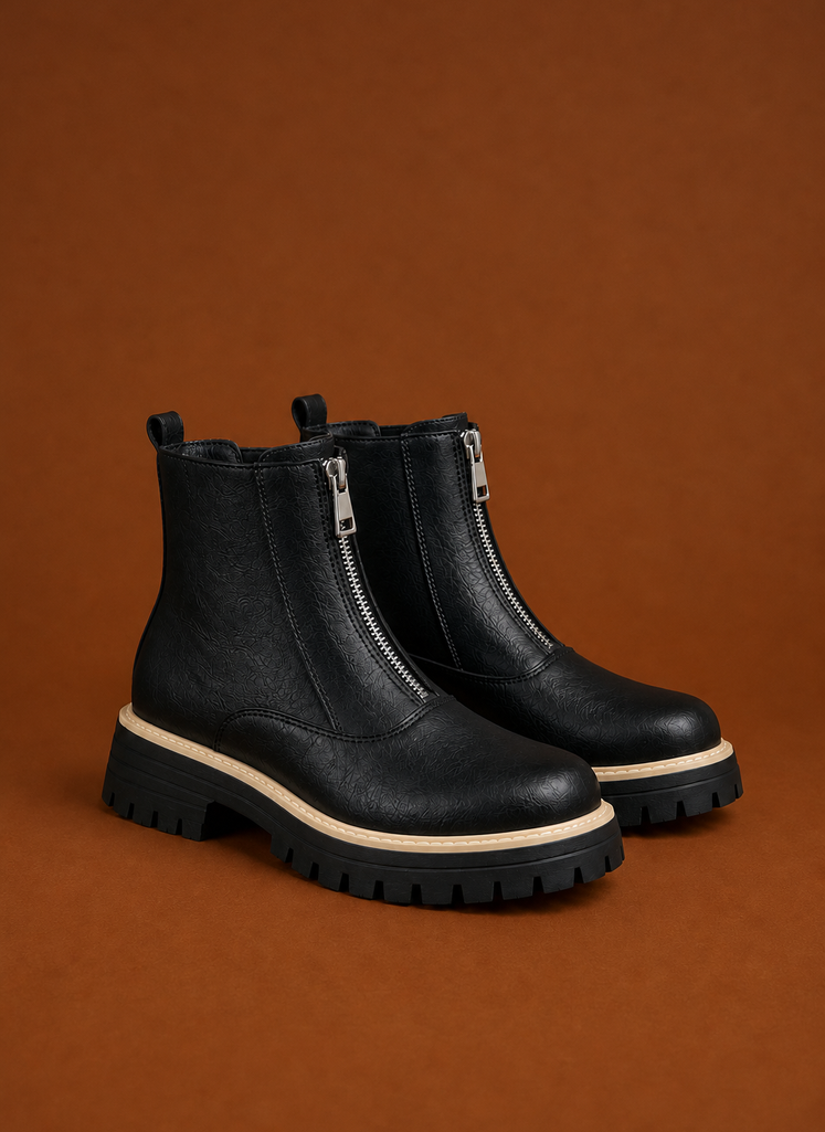 Front view of women's ankle boot showing front zipper and ankle-height silhouette