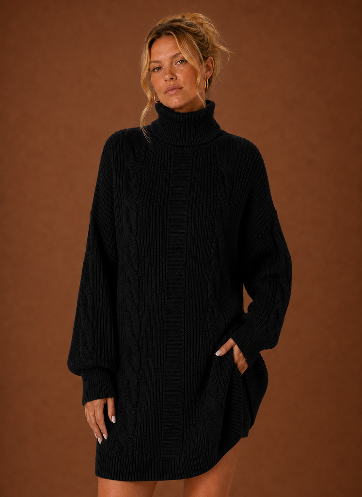 Front view of women's turtleneck sweater dress showing the turtleneck neckline and overall knit silhouette