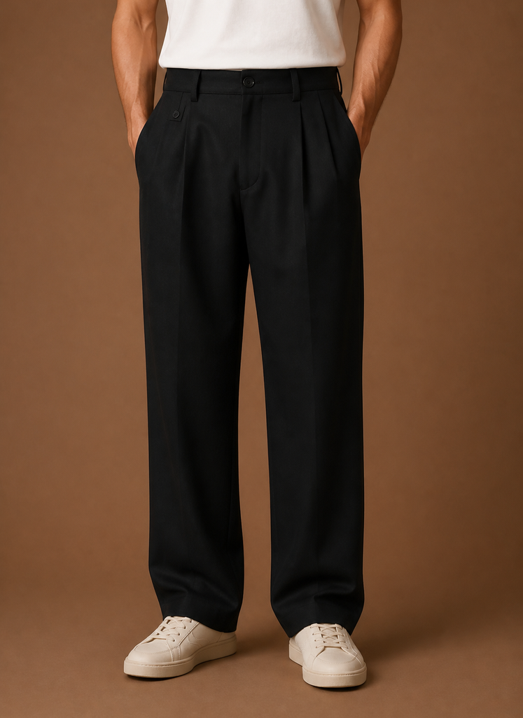 Front view of men's black crewneck pullover on a mannequin showing neckline and long sleeves
