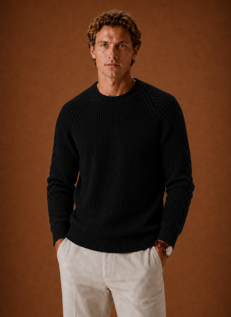 Front view of a men's cable knit crewneck sweater in khaki