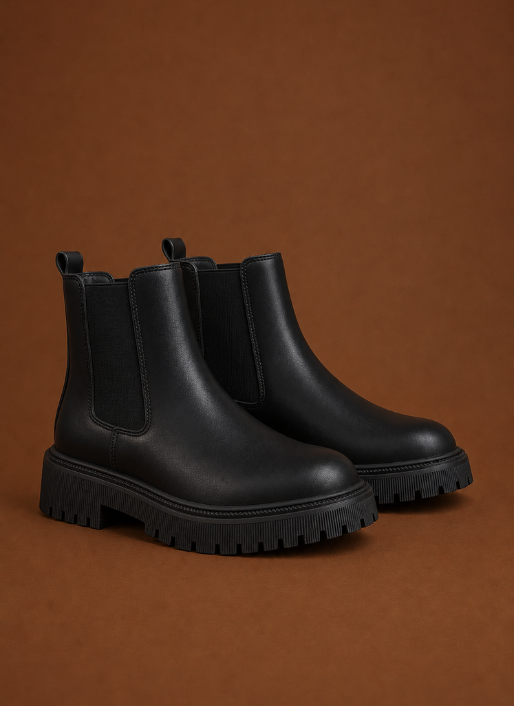 Front view of Areleon women's black Chelsea lug sole ankle boot